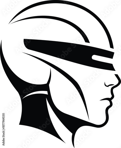 Stylized black and white profile silhouette of a futuristic human head with visor vector