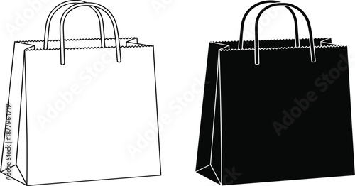 Black and white paper shopping bag mockup collection, blank gift bag vector illustration for retail