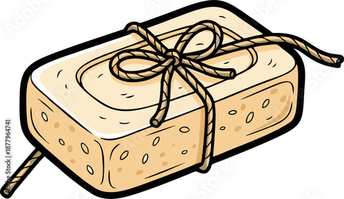 Hand-drawn illustration of a rustic bar of soap tied with natural twine.