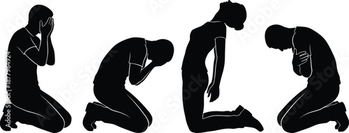 Black Silhouettes of Kneeling Figures Expressing Emotional Distress, Grief, and Sorrow Through Body Language and Posture
