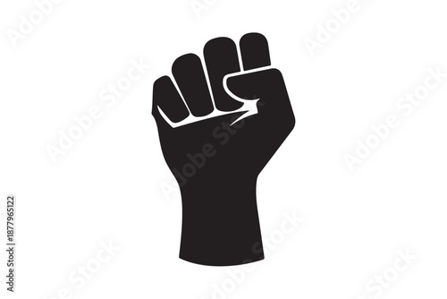 Raised fist vector illustration. Symbol of power, strength, protest, and solidarity silhouette on white background