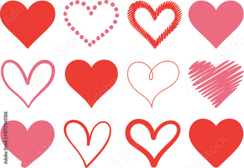 Hand Drawn Heart Icons Set - Vector EPS Collection in Red and Pink Styles