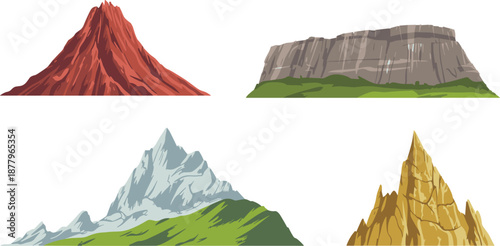 Diverse mountain peak collection, volcano and rocky landscape illustrations, natural outdoor scenery for travel adventure