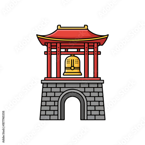Traditional Asian Bell Tower with Golden Bell Illustration.