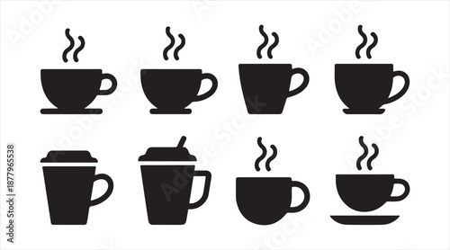Cafe Drink Icons Pack in Black, Simple Hot Beverage Illustrations