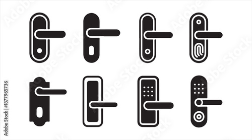 Door Handle and Lock Icon Collection, Minimal Interior Hardware Silhouettes