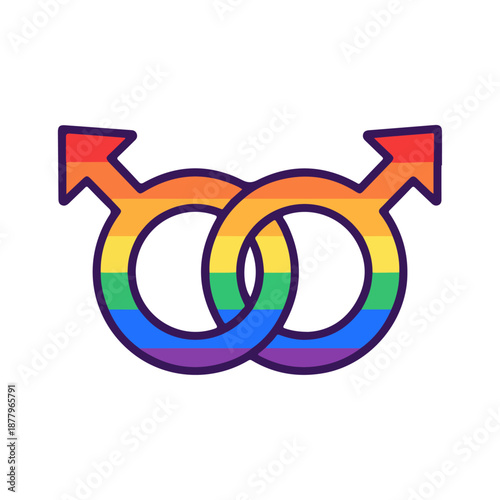 Intertwined male gender symbols in rainbow colors representing gay pride.