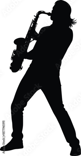 Silhouette of musician playing saxophone, jazz saxophonist performing on stage, musical entertainment, classical artist, woodwind instrument, blues, soul, isolated,