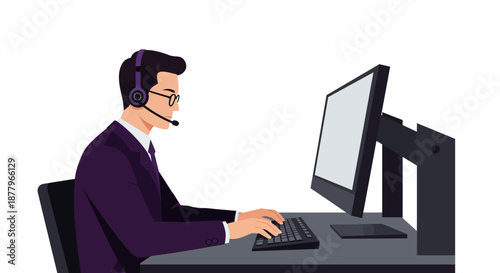 Man Working on Computer with Headset.