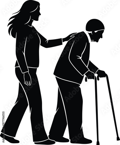 Silhouette of young woman helping elderly person with walker, caregiver assisting senior, nursing care, kindness, support, geriatric health, social worker,