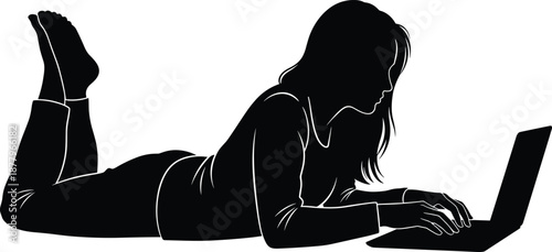 Silhouette of young woman lying on floor using laptop, girl working from home, female student studying, browsing internet, remote freelance work,
