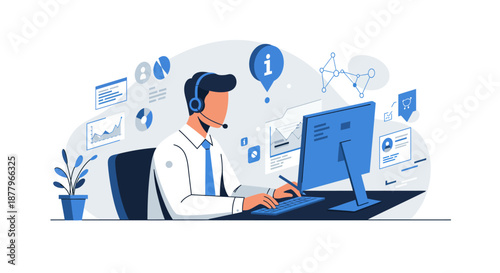 Man Working on Computer with Headset.