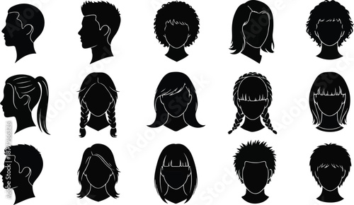 Collection of black silhouettes depicting various human head profiles and diverse hairstyles for men and women, including short, long, curly, and braided hair.