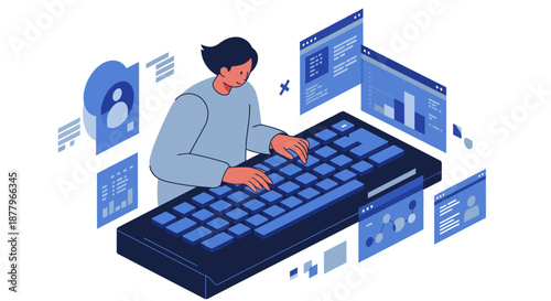 Man Typing on Large Keyboard Illustration.