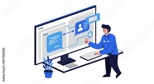 Man interacting with large computer screen interface.