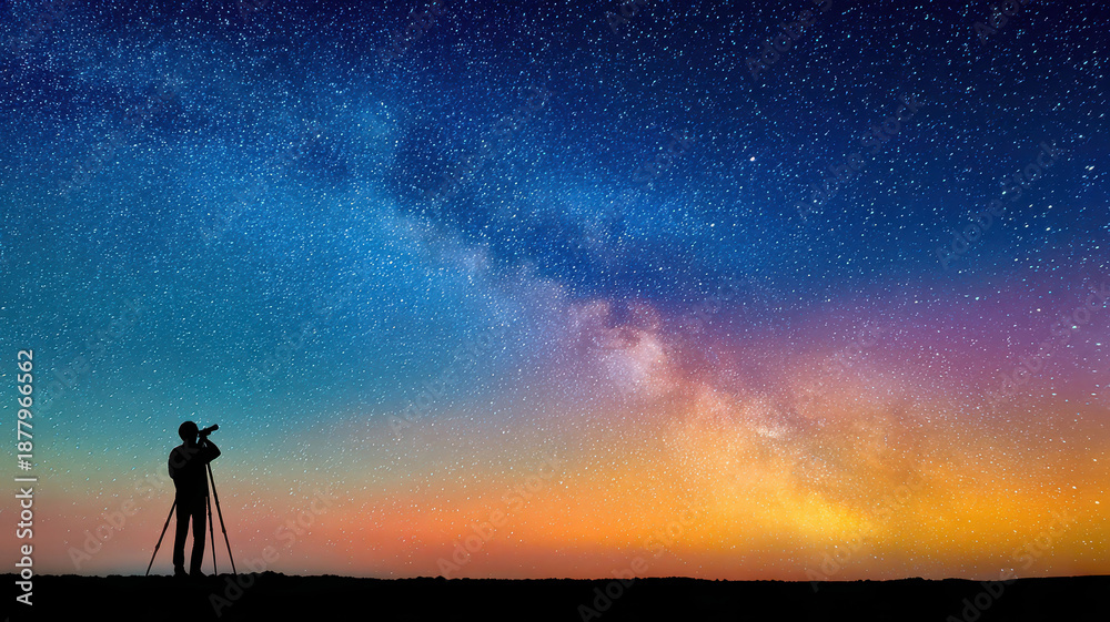 Fototapeta premium Silhouette of a stargazer exploring the Milky Way galaxy under starry skies