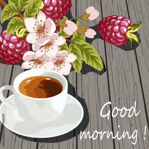 Cup of coffee and ripe berries on a wooden background.Cup with coffee and raspberries on a wooden background with text in vector illustration.