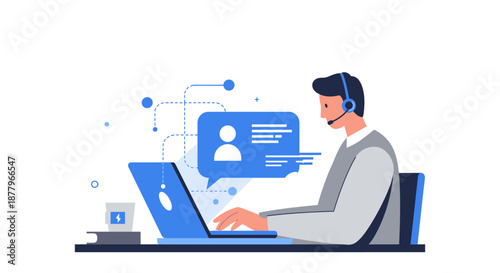 Man Working on Laptop with Headset.