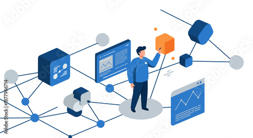 Man Interacting with Digital Network Elements.