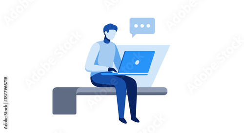 Man Sitting with Laptop on Bench.