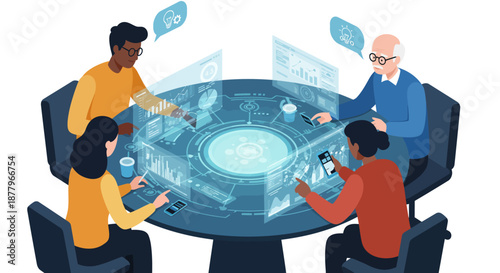 Team Collaborating Around Digital Interface Table.