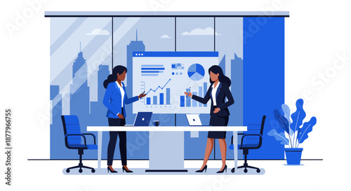 Two Businesswomen Analyzing Data on Screen.