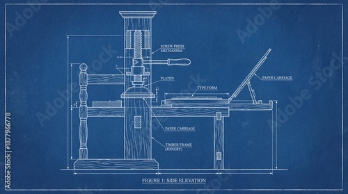 Detailed blueprint of a vintage screw press mechanism