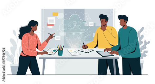 Three People Discussing Around White Table.