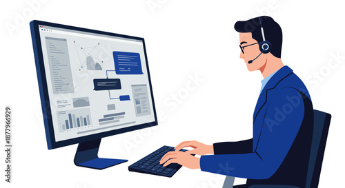 Man Wearing Headset Working on Computer.