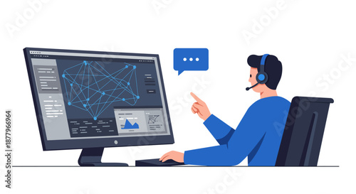 Customer Support Representative Working on Computer.