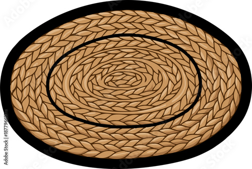 Braided oval rug with intricate woven pattern and dark border.