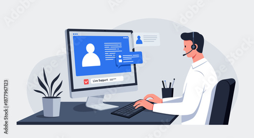 Man Working on Computer with Headset.