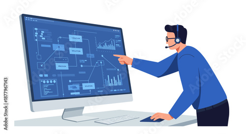 Man Analyzing Data on Computer Screen.