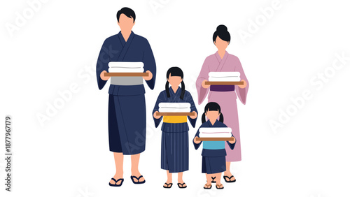 Japanese family wearing traditional yukata robes while holding stacks of clean white towels for their relaxing hot spring visit.