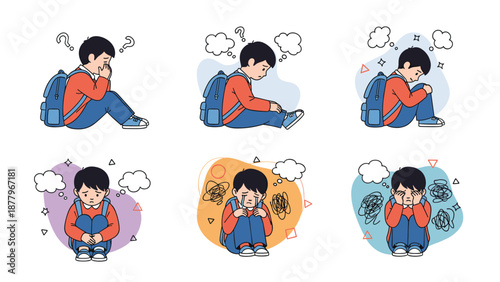 Sad schoolboy with a backpack sitting on the floor crying and feeling lonely in various poses expressing grief or bullying issues.