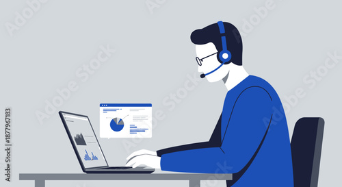 Man Wearing Headset Working on Laptop Computer.