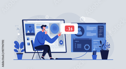 Man watching video on large computer screen.