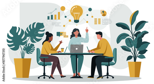 Three Colleagues Working Together at Office Desk.