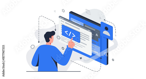 Man coding on large digital screen display.