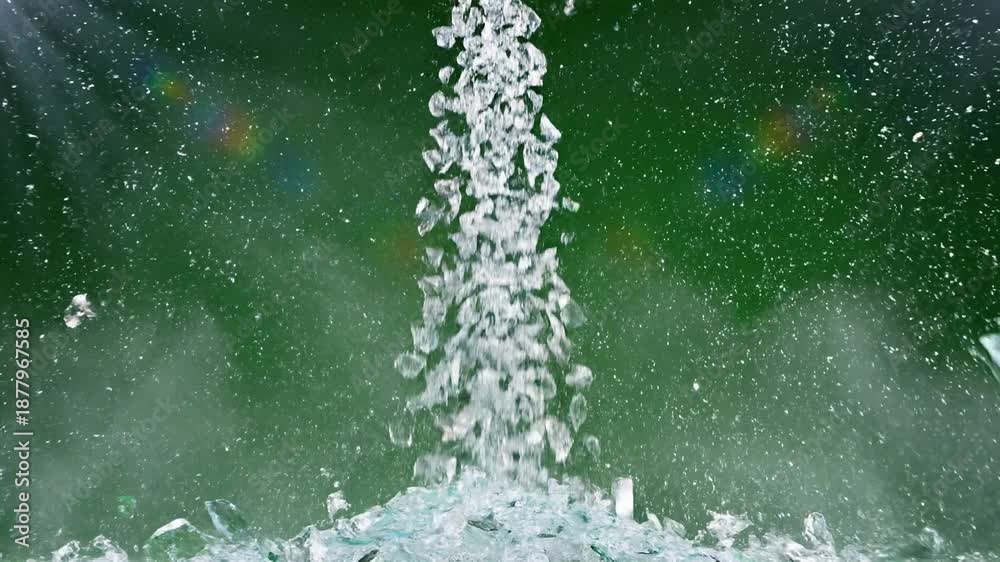 Tempered glass shattering into fine fragments and falling vertically on ...