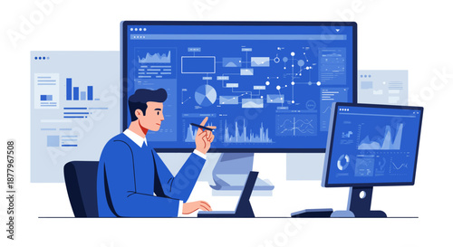 Man Analyzing Data on Computer Screens.