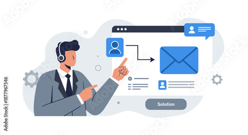 Man Using Headset and Pointing at Screen.