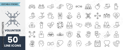 Volunteer line icons set with editable stroke. Contains icons related to support, care, help, community, teamwork, donate, donor, love and more. Vector illustration