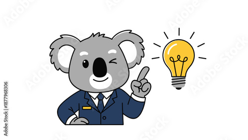 Smart koala bear wearing a business suit pointing to a glowing yellow light bulb, representing a great idea, creativity, and innovation.