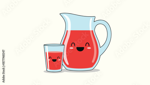 Cute cartoon illustration of a smiling pitcher and a glass filled with red juice to represent a healthy and refreshing beverage.