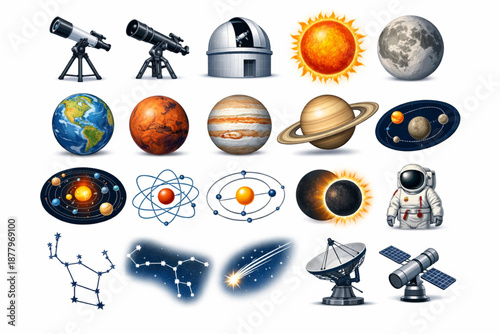 Astronomy and space science icon set with planets, telescopes and orbital symbols for education, research, presentations and scientific interface design