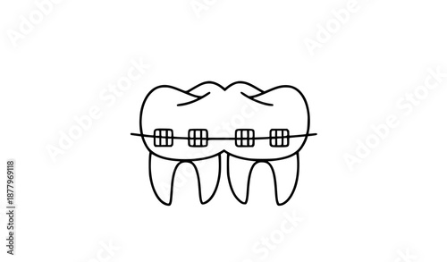 Minimalist Teeth with Dental Braces Vector Line Drawing on White Background