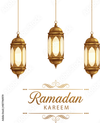 Ramadan Kareem greeting with three hanging golden lanterns vector illustration