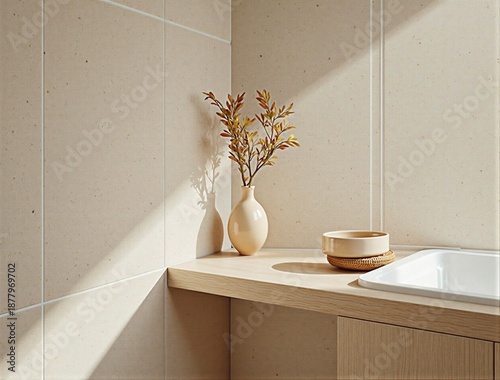 Minimalist beige bathroom interior with ceramic vase and natural light
