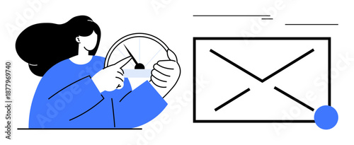 Female figure interacting with speed dial metaphor for adjusting performance or control near envelope graphic. Ideal for innovation, teamwork, messaging, progress, productivity, adjustment, simple